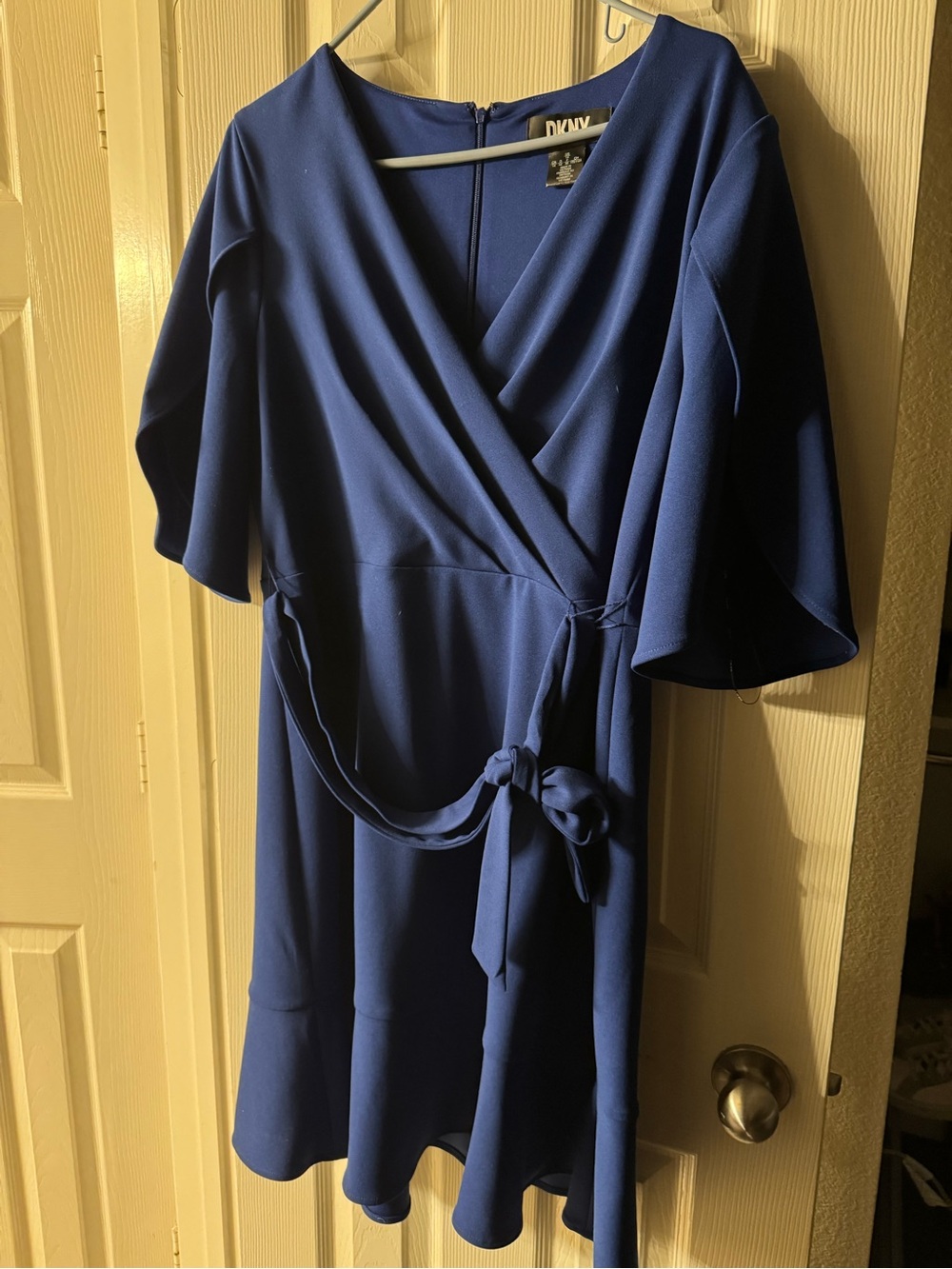 DKNY Wrap-Front Mini Dress in Navy with Tie Waist and Tulip Sleeve
